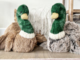 Two plush duck toys sitting on a surface with a neutral background